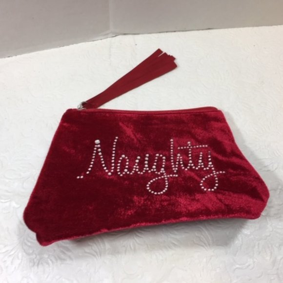 Naughty Nice Red Velour Rhinestones Makeup Cosmetic Zip Bag Christmas 7x2x5" - Picture 3 of 7